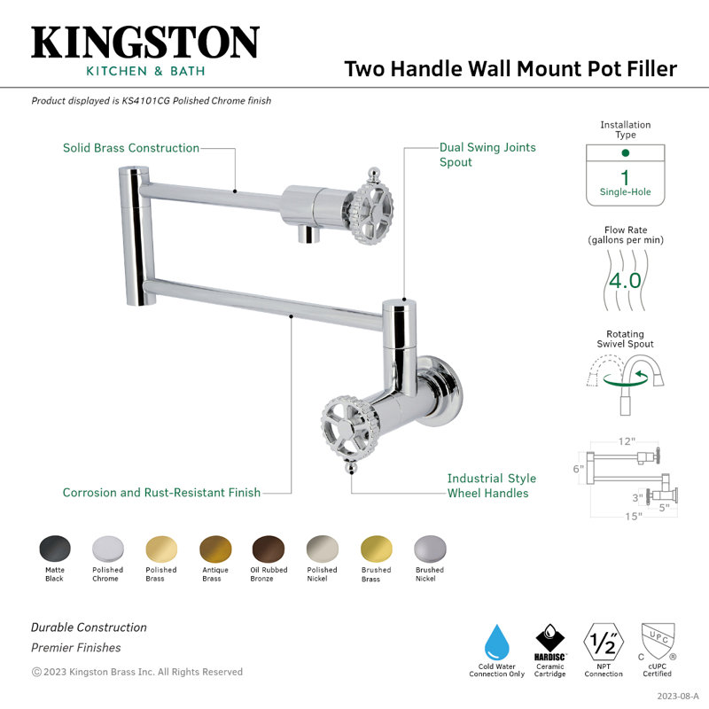 Kingston Brass Fuller Two-Handle 1-Hole Wall Mount Pot Filler Faucet, Brushed Brass