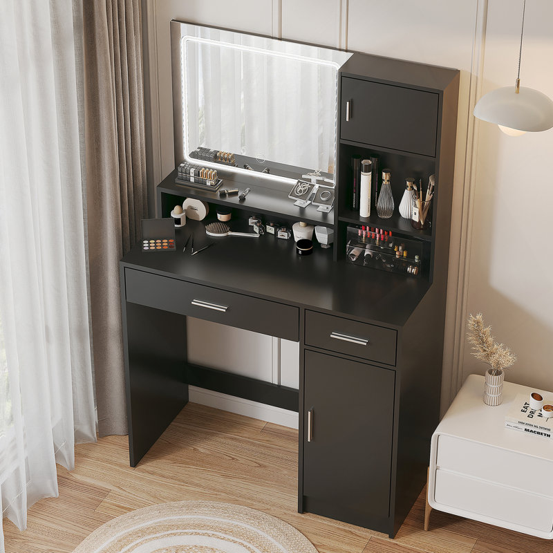 Vanity Desk With Mirror And LED Light Strip, Dressing Table With Drawer For Bedroom, Black