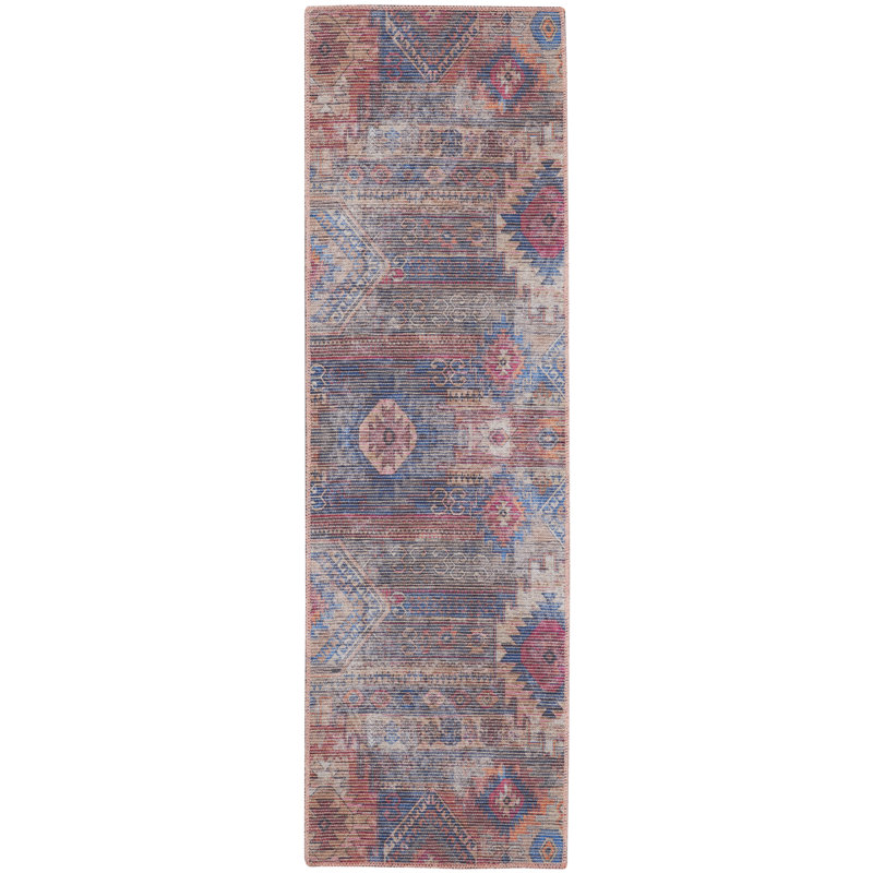 Machine Washable Southwestern Blue/Red Area Rug, Runner 2'2" x 12'