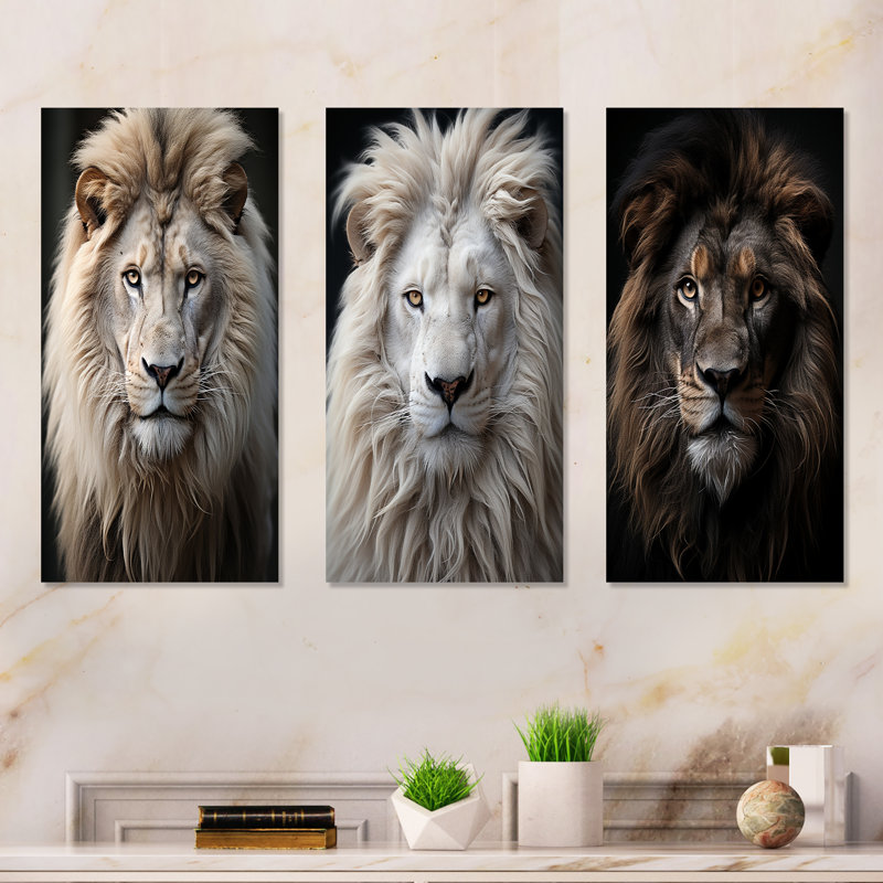 Lions Monochrome Photography - Lion Metal Art Print Set Of 3, 28" H x 36" W