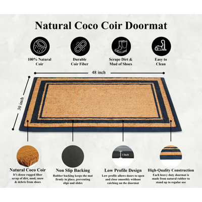 Natural Plain Classic Black Border Natural Coir & Rubber Door Mat – 30" x 48", Thick Heavy-Duty Low-Profile Outdoor Front Porch Entry Rug