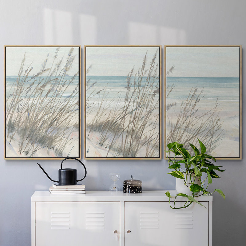 «Beach Grass I», reproduction sur toile 3 pièces, H 40 po x l 78 po, Encadré naturel