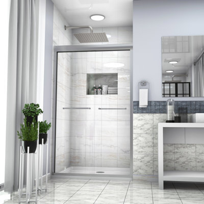 Porte de douche 48 po x 76 po, coulissante semi-by-pass, nickel brossé, verre trempé de 3/8 po, concept de salle de bain au design épuré et élégant