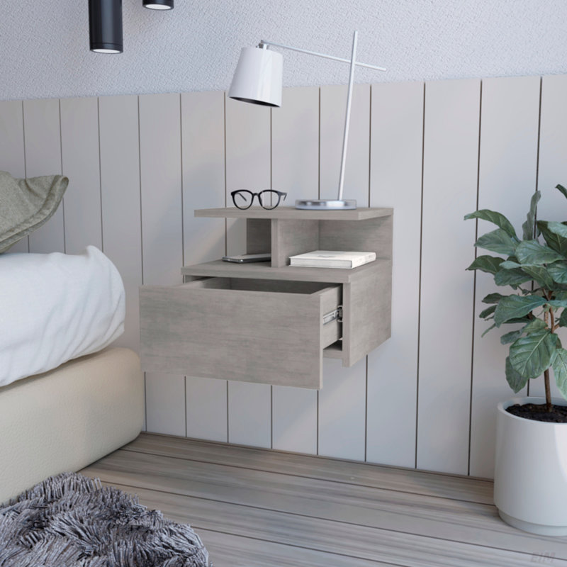 Table de chevet flottante Flopini, chambre à coucher, assemblage mural, Gris béton