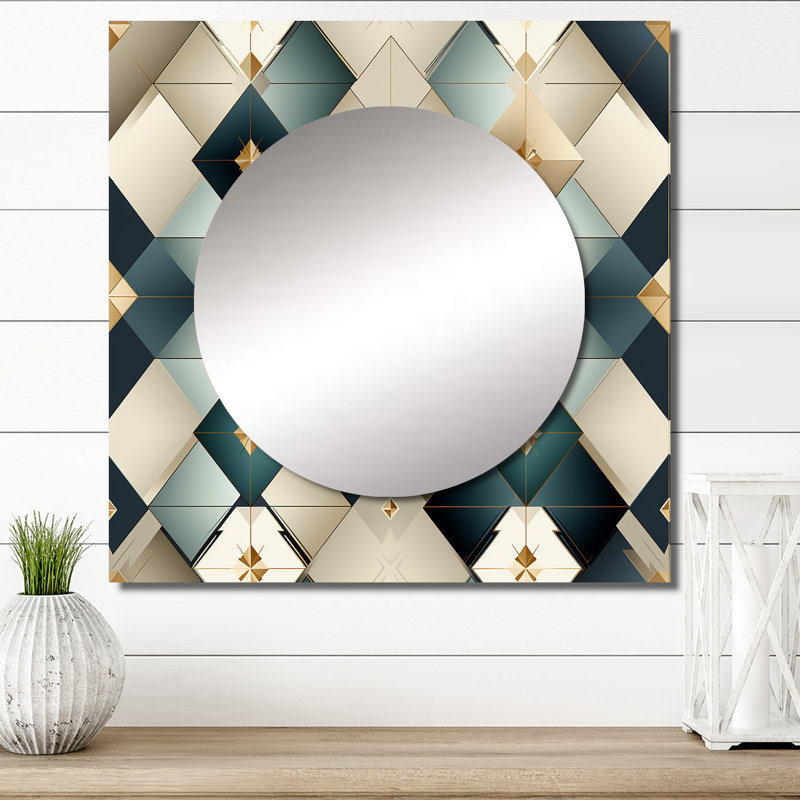 Harmonie cubique en marbre bleu sarcelle et gris - grand miroir mural carré moderne pour la chambre à coucher, 29 po x 29 po
