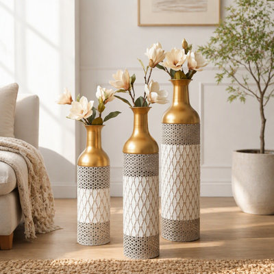 Ensemble de 3 vases de sol décoratifs hauts, vase sur pied blanc et or, grand vase de sol pour salon, vase de sol bohème, vase de sol texturé, vase de sol de style ferme, grand vase décoratif