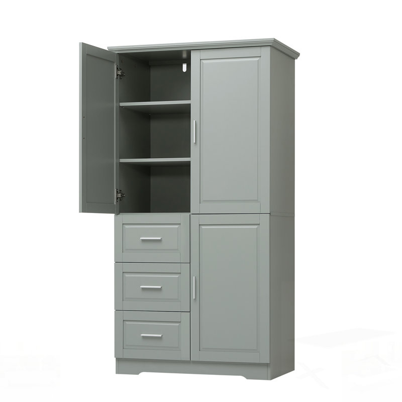 Tall And Wide Storage Cabinet With Doors For Bathroom Or Office, Featuring Three Drawers, Gray