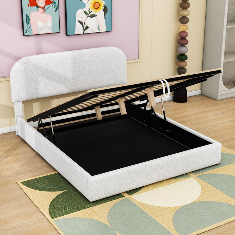 Upholstered Platform Bed with Hydraulic Storage, White, Queen