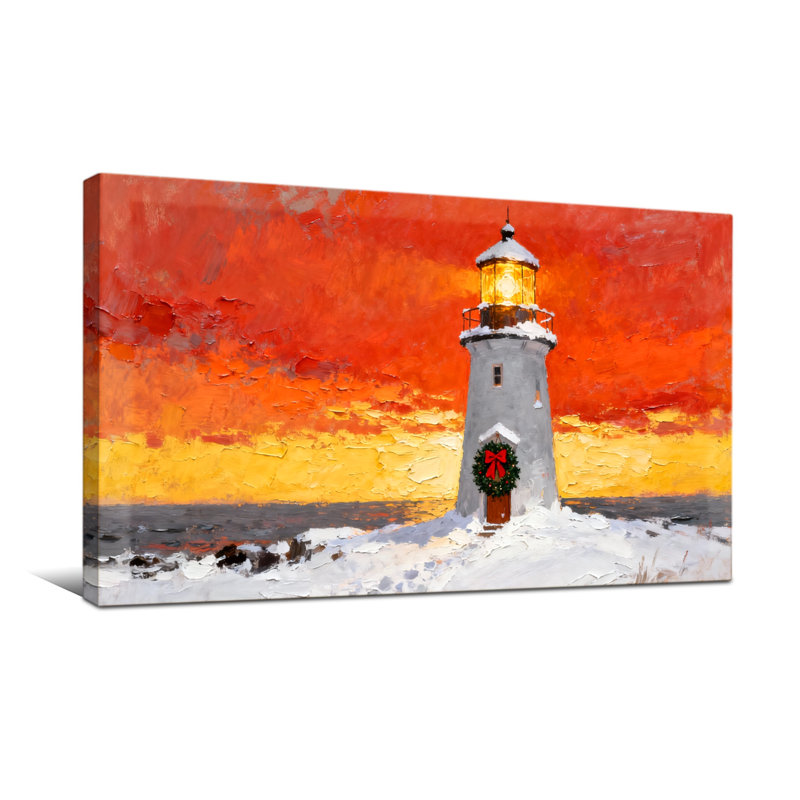 Phare de Noël au coucher du soleil avec une couronne de Noël, H 20 po x l 40 po