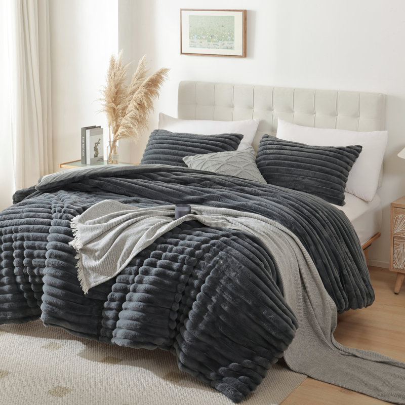 Ensemble d'édredon 3 pièces Fluffy, Gris foncé, Édredon grand + 2 taies d'oreiller standard
