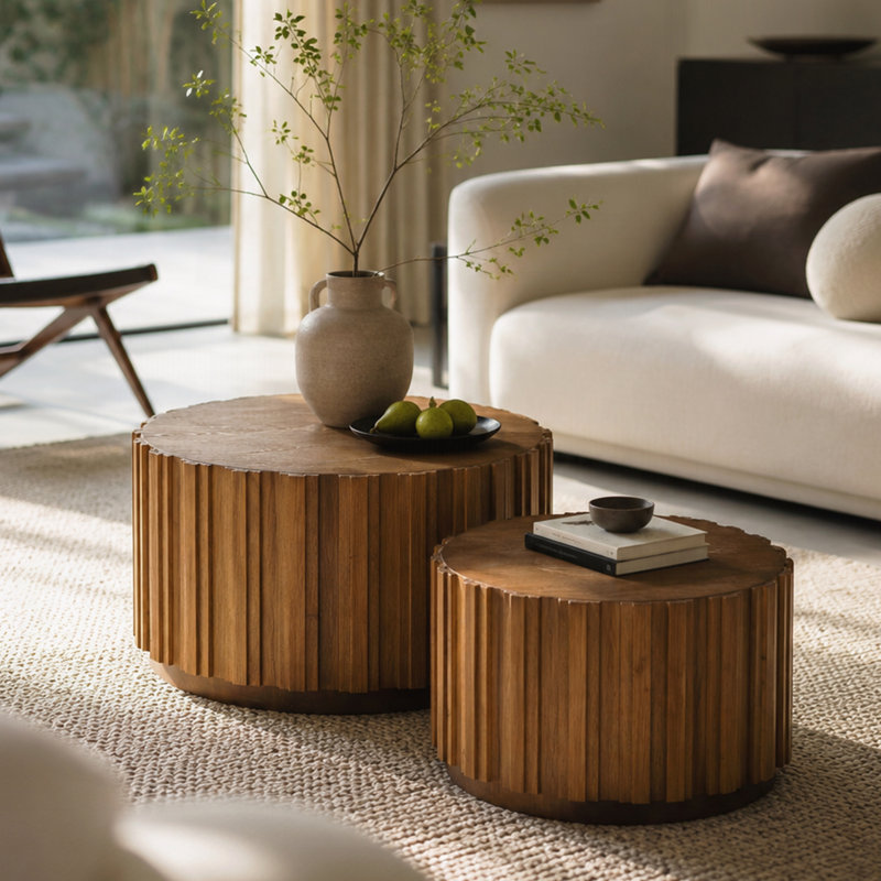 19.7"+27.5" Round Nesting Coffee Table Set of 2, Walnut Wood Accent Tables with Vertical Slatted Body, Rustic  Side Tables for Living Room