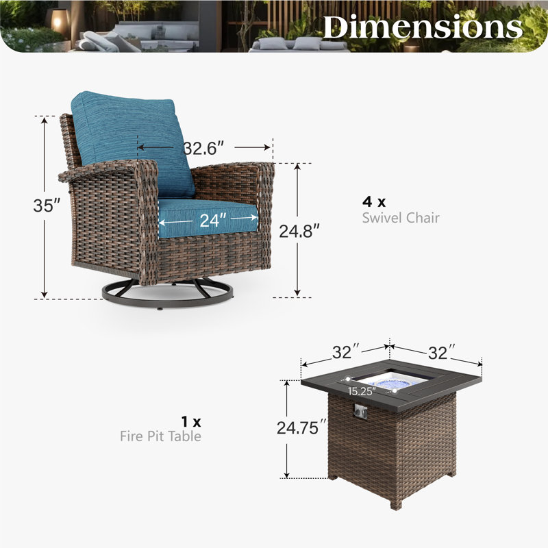 Ensemble de conversation extérieur en rotin pour 4 personnes avec table basse et foyer, Bleu paon