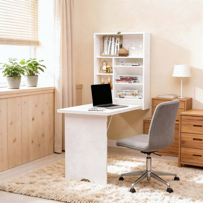 Bureau mural pliable avec rangement et design flottant