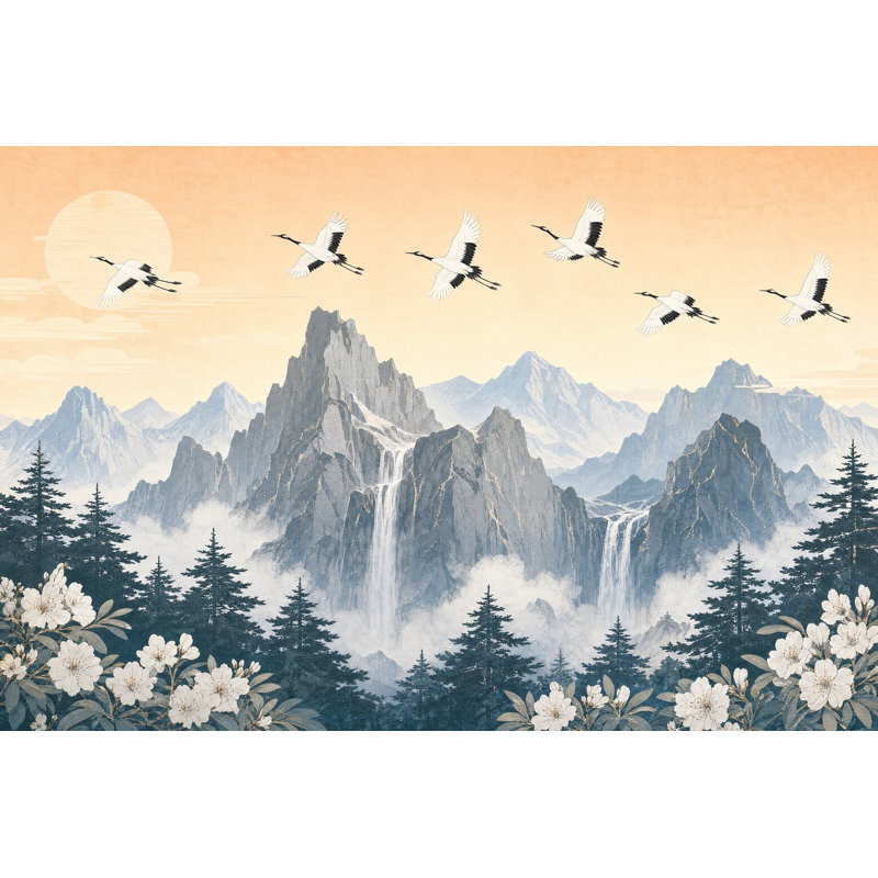 Papier peint montagne avec grue cascade, 140 po x 108 po, Peler et coller