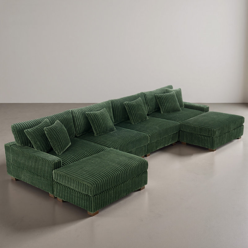 6 Seater Sectional, Green Faux Fur