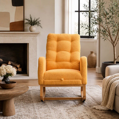 Chaise berçante d'appoint jaune avec repose-pieds à haut dossier en bois d'hévéa
