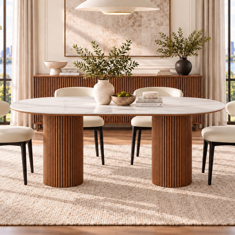  71" Oval Sintered Stone Dining Table with Brown Fluted Solid Wood Pedestals,  Modern Farmhouse Kitchen Table for 6 Persons, White Faux Marble Look Tabletop