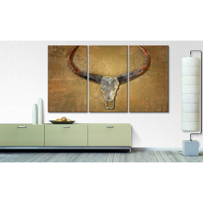 Bull Skull - Wrapped Canvas Print, 100 cm H x 180 cm W x 2cm D, 3-piece canvas set