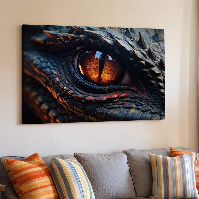 Toile vue de près d'un œil de dragon mettant en vedette des échelles complexes qui reflètent une surface texturée foncée avec des notes pour l'art mural sur toile