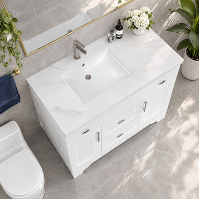 Meuble-lavabo autoportant 36 po Anvay en blanc mat avec plateau en quartz de Carrare blanc