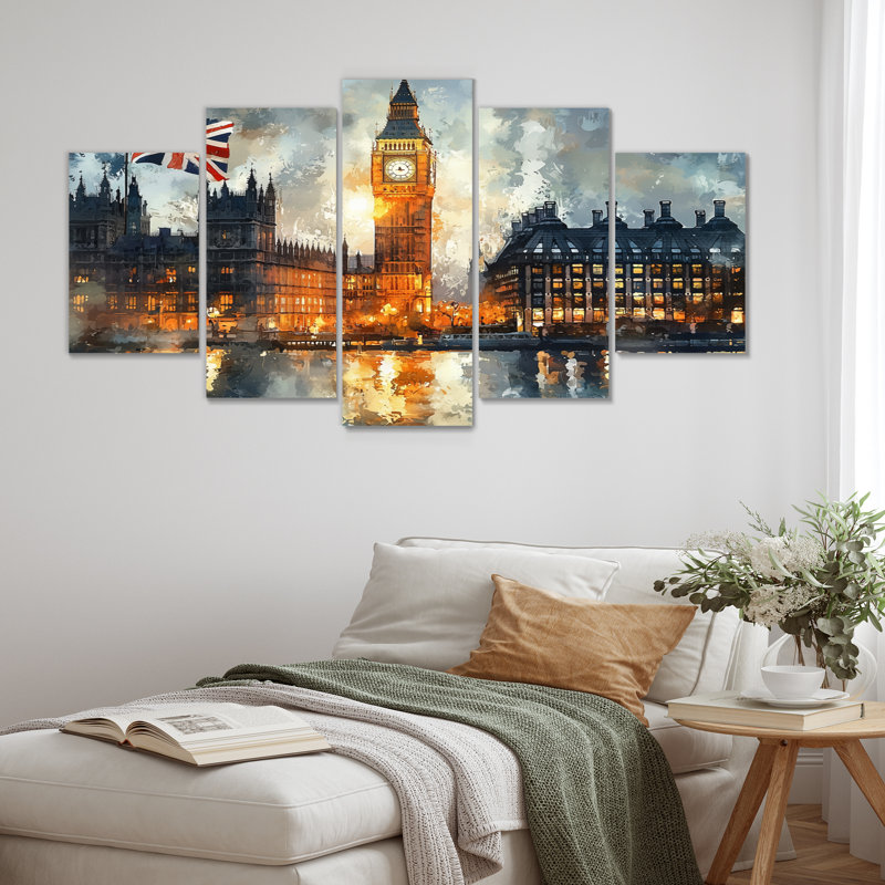London Big Ben Landscape Glow II - City London Wall Decor - Art mural traditionnel 5 pièces