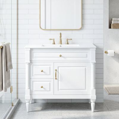 Meuble-lavabo standard autoportant en bois massif et panneau de fibres à densité moyenne 36 po, blanc, avec lavabo en céramique, tiroir rabattable et tablette ajustable, robinet non inclus