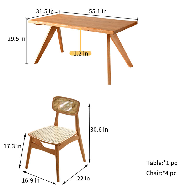 A combination of thick bench tables and chairs, 29.5"H x 55.1"L x 31.5"W