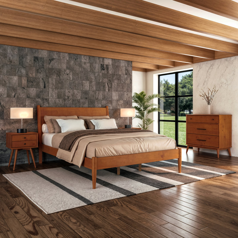 Ashlie Solid Wood Platform Bed, Queen, Castanho