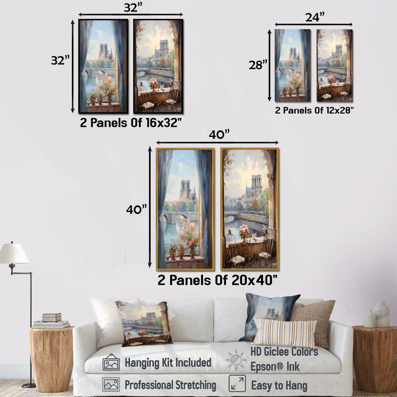 Notre Dame de Paris Floral View I - Paris, ensemble de 2 impressions sur toile, Toile tendue, H 40 po x l 41 po