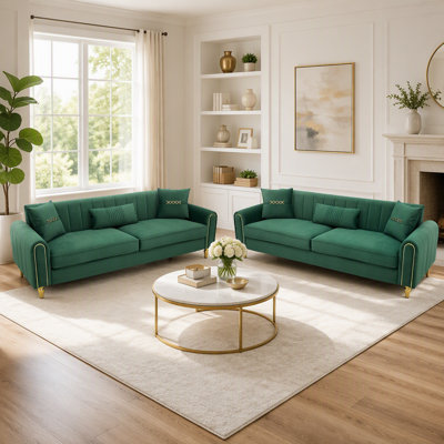 Ensemble de canapés 2 pièces en velours, canapé de salon luxueux avec pieds en métal doré, canapé moderne rembourré offrant un confort d'assise profond, mobilier élégant pour la maison