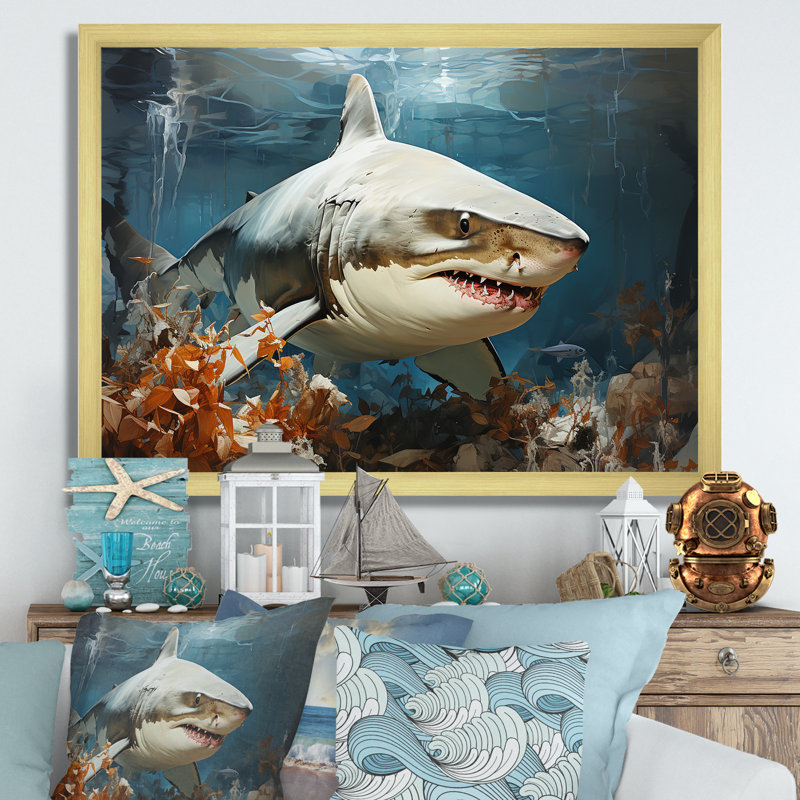 " Minimalism Shark Hunting ", 34" H x 44" W x 1.5" D, Gold Picture Framed