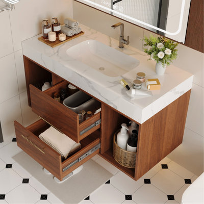 Meuble-lavabo flottant 39,4 po avec lavabo en céramique, 2 tiroirs à fermeture en douceur et plateau en ardoise blanche