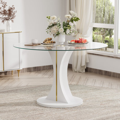 Table de salle à manger ronde à piédestal moderne, table en verre trempé pour 4-6 personnes