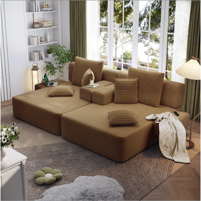 Oversized Double Plush Corduroy Chaise Lounge Sofa Bed,Convertible Sleeper Couch Bed w/ Storage Pockets,3 Soft Pillows,Multi-Functional Frameless Sofa Couch for Apartment,Home Theater,Dorm