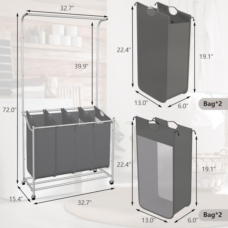 Trieur de buanderie 4 sections avec barre de suspension, 4 sacs Panier à linge Chariot à linge avec roues verrouillables pour salle de bain, noir