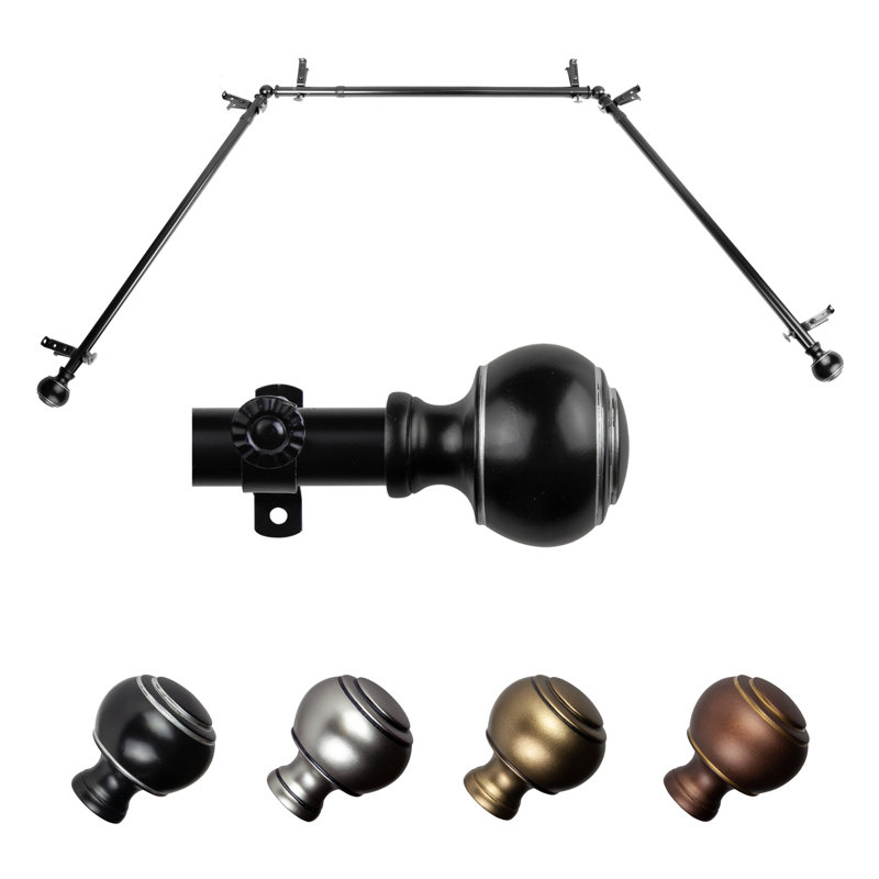 Adjustable Black Steel Bay Window Curtain Rod with Antique Brass Finials