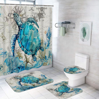 Ensemble de rideau de douche 4 pièces antidérapant Sea Turtle