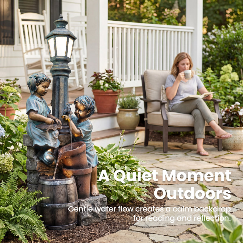 Outdoor Resin Water Fountain With LED Street Lamp & Children Statue, Garden Patio Decorative Water Feature