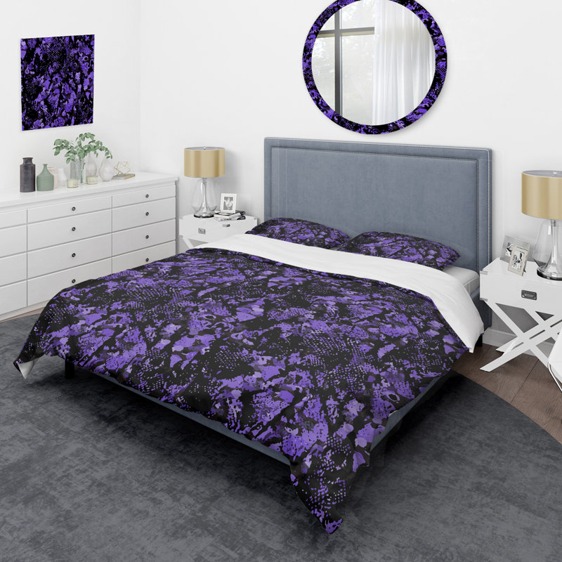 Ensemble de housse de couette en microfibre mauve / noir 3 pièces, Housse de couette pour très grand lit et 2 très