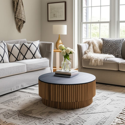 Montoya Coffee Table | 34" Round Black Top | Brown Mango Wood Fluted Plinth Base
