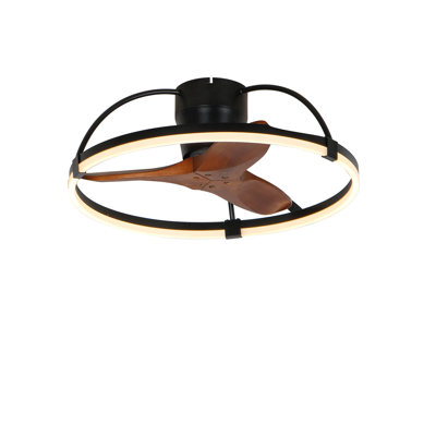 Modern Low Profile Fandelier,24 Inch Flush Mount Ceiling Fan with Light, Solid Wood Blades, Black Ring 3CCT Dimmable LED Fandelier with Remote for Small RoomsSuch as Bedrooms and Kitchens
