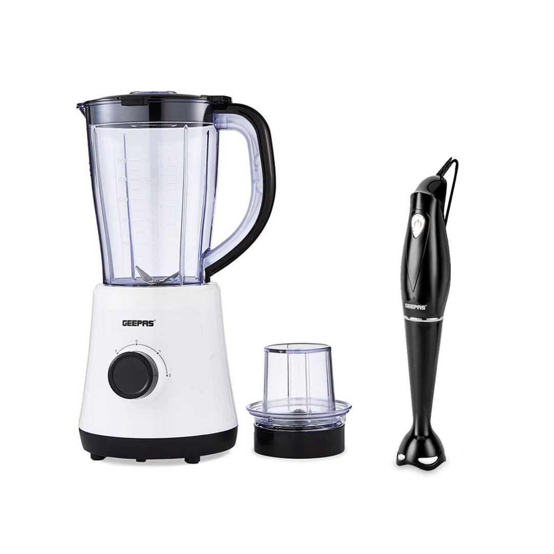 GEEPAS 500W Electric Jug Blender and 180W Hand Blender Combo set, Stainless Steel Blades, 2 Speed with Pulse Function, 1.5L Jar Coffee Grinder Mill, F