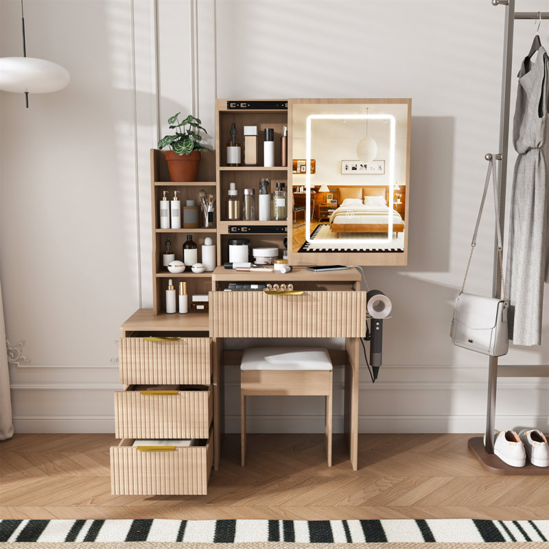 Modern Vanity Desk ,Featuring 3 Modes Of LED Lighting With Adjustable Brightness , With 4 Drawers And Multiple Open Storage Shelves, With A Hair Dryer Holder And Power Socket, A Dressing Chair.