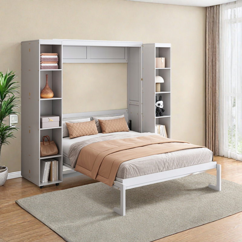 Murphy Bed With Foldable Bookcase, White