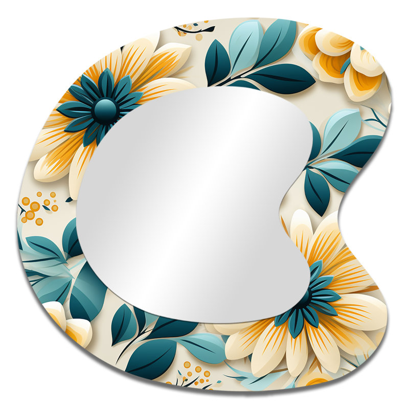 Farradeh Yellow And Blue Tranquil Floral Garden Zen - Botanical Unique Shape Unique Wall Mirror, Boho Asymmetrical Mirror, Printed Metal Art