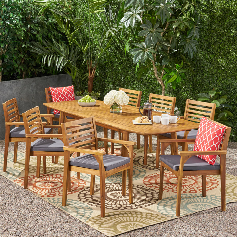 Efird 8 - Person Acacia Wood Patio Dining Set with Rectangular Table , Cushions Included, Teak