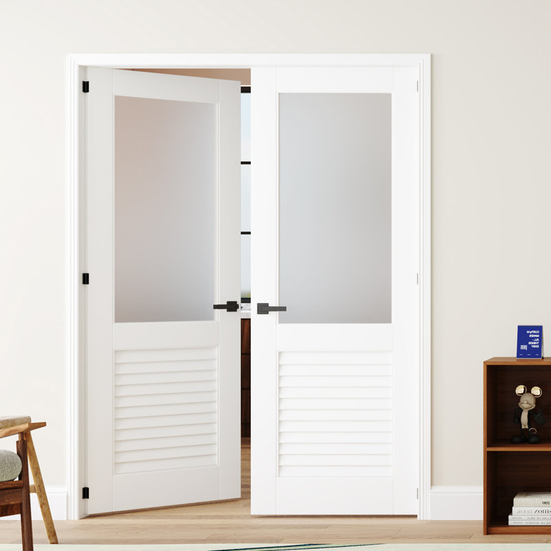 Interior Pantry Doors White Louvered Design Half Lite Frosted Glass Interior Standard Door With Hardware & Handles & Frame