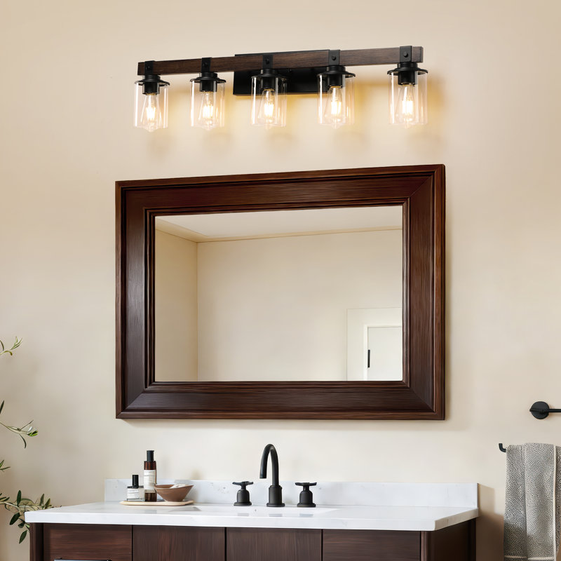 Modern Farmhouse Wood Vanity Light, Solid Wood & Black Metal Bathroom Vanity Lights With Clear Glass Shade, 5 Lights