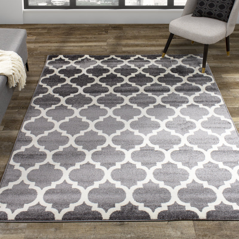 Aleighia Geometric Gray Cream High Traffic Stain Resistant Rug, Rectangle 5'3" x 7'7"