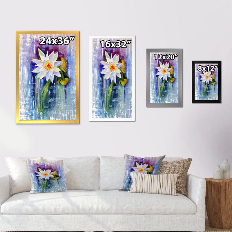 Lys blanc avec huile - reproduction d'art sur toile, Cadre photo noir, H 32 po x l 16 po x P 1 po